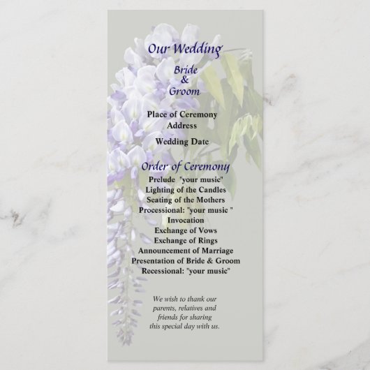 Hochzeitsprogramm für Wisteria und Blätter Programm (Vorderseite)