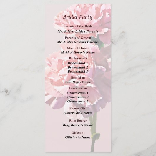 Hochzeitsprogramm für zwei rosa Nelken Programm (Rückseite)