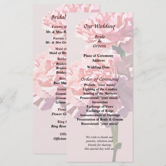 Hochzeitsprogramm für zwei rosa Nelken Programm (Vorne/Hinten)