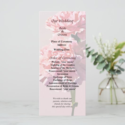 Hochzeitsprogramm für zwei rosa Nelken Programm (Stehend Vorderseite)