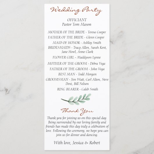 Hochzeitsprogramm für Zweigstellen Programm (Rückseite)