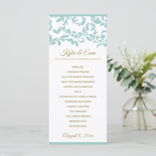 Hochzeitsprogramm geblüht - Türkis und Gold Programm (Stehend Vorderseite)