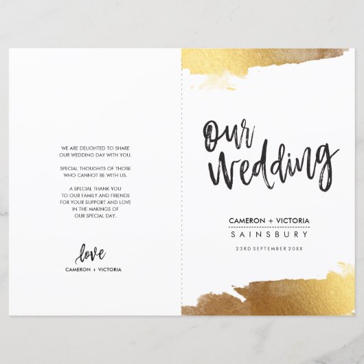 HOCHZEITSPROGRAMM gebürstete Schrift Luxus vergold (Vorderseite)