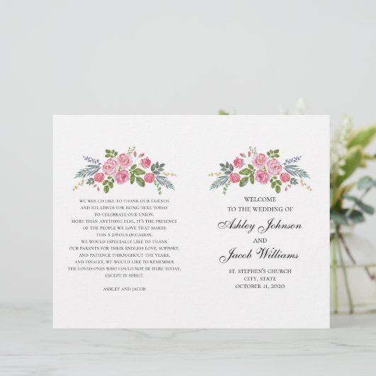 Hochzeitsprogramm gefaltet. Rosa Rosen. Gartenanla (Stehend Vorderseite)