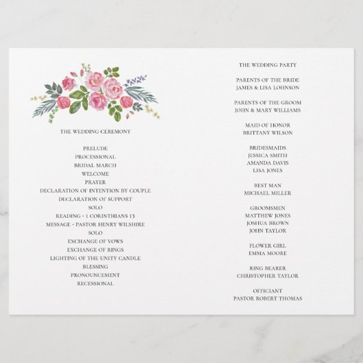 Hochzeitsprogramm gefaltet. Rosa Rosen. Gartenanla (Rückseite)