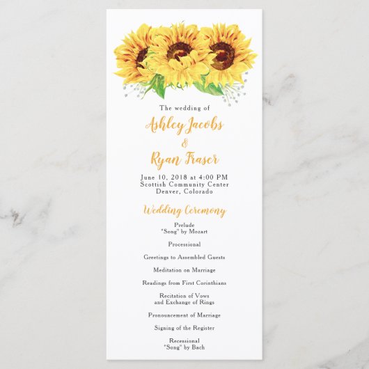 Hochzeitsprogramm Gelbe Sonnenblume Wasserfarben Programm (Vorderseite)