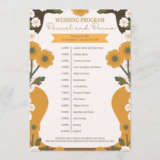 Hochzeitsprogramm – Gelbe und Weiße Blumengrenze D Programm (Vorderseite)