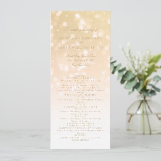 Hochzeitsprogramm Gold Bokeh Sparkle Lights Programm (Stehend Vorderseite)