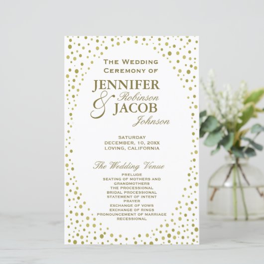 Hochzeitsprogramm | Gold Confetti (Stehend Vorderseite)