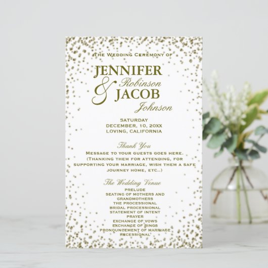 Hochzeitsprogramm | Gold Glitzer Confetti (Stehend Vorderseite)