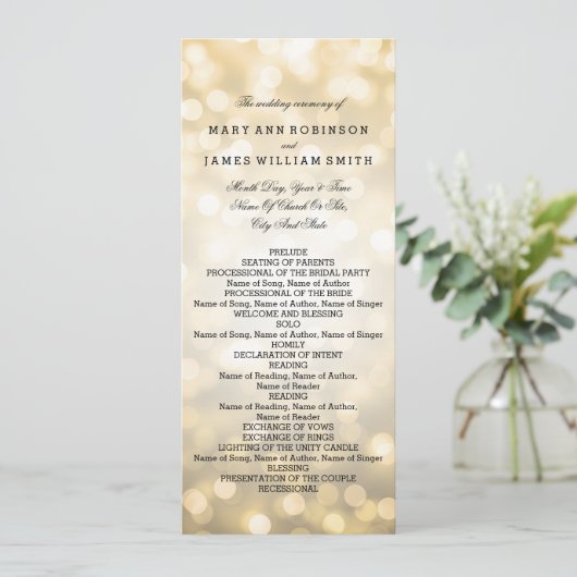Hochzeitsprogramm Gold Glitzer Lights Programm (Stehend Vorderseite)