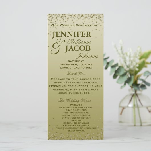 Hochzeitsprogramm | Gold Gradient Glitzer Confetti Programm (Stehend Vorderseite)