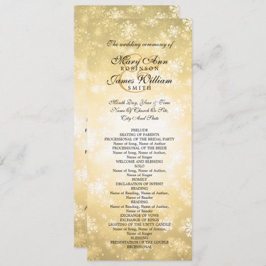 Hochzeitsprogramm Gold Winter Wonderland Sparkle Programm (Vorne/Hinten)