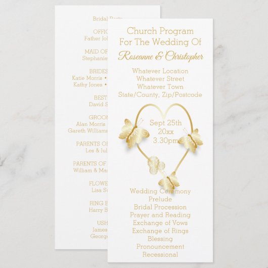 Hochzeitsprogramm Goldfarbener Herz-Schmetterling Programm (Vorne/Hinten)