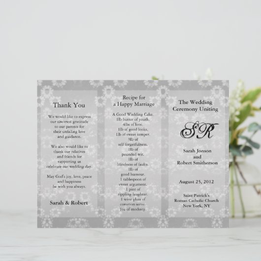 Hochzeitsprogramm Grau-floraler Flyer (Stehend Vorderseite)