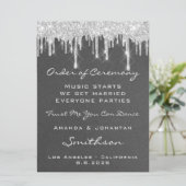 Hochzeitsprogramm Grau Silver Tropfens Glitzer Einladung (Stehend Vorderseite)