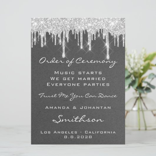 Hochzeitsprogramm Grau Silver Tropfens Glitzer Einladung (Stehend Vorderseite)