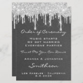 Hochzeitsprogramm Grau Silver Tropfens Glitzer Einladung (Vorne/Hinten)