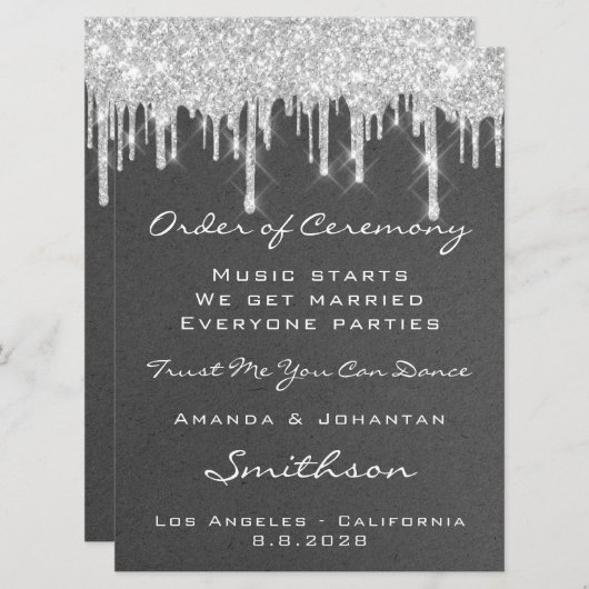 Hochzeitsprogramm Grau Silver Tropfens Glitzer Einladung (Vorne/Hinten)