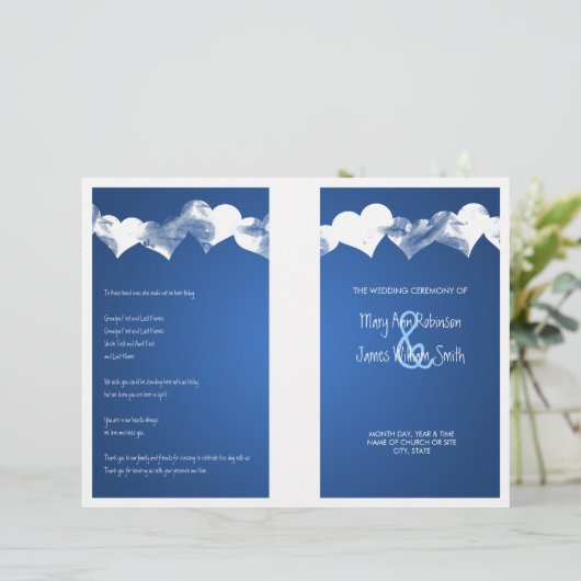 Hochzeitsprogramm Grunge Hearts Blue (Stehend Vorderseite)