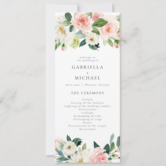 Hochzeitsprogramm im eleganten Rosa Blumengrün Einladung (Vorderseite)