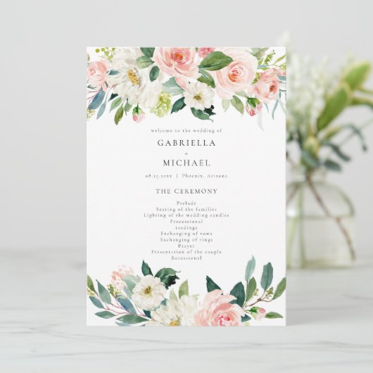 Hochzeitsprogramm im eleganten Rosa Blumengrün Einladung (Stehend Vorderseite)