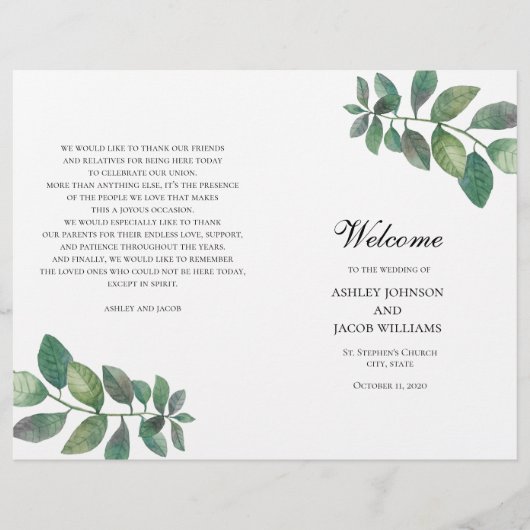 Hochzeitsprogramm im Sommer gefaltet. Grüne Blätte (Vorderseite)