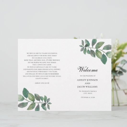 Hochzeitsprogramm im Sommer gefaltet. Grüne Blätte (Stehend Vorderseite)