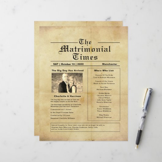 Hochzeitsprogramm im Stil einer alten Zeitung (Vorderseite/Rückseite Beispiel)