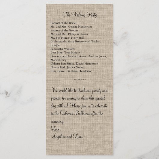 Hochzeitsprogramm in Black on Burlap Programm (Rückseite)