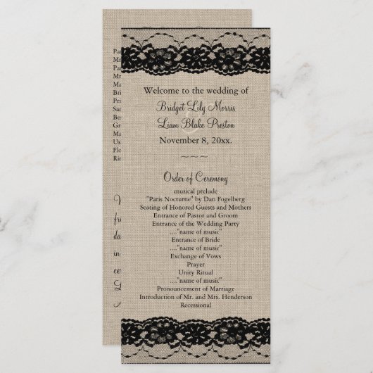 Hochzeitsprogramm in Black on Burlap Programm (Vorne/Hinten)