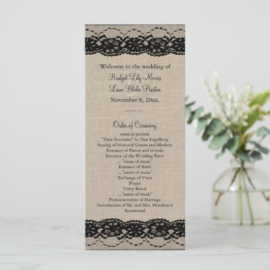 Hochzeitsprogramm in Black on Burlap Programm (Stehend Vorderseite)