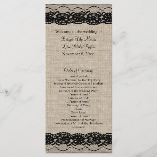 Hochzeitsprogramm in Black on Burlap Programm (Vorderseite)