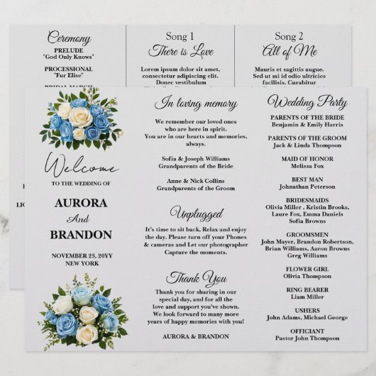 Hochzeitsprogramm in Blau und Weiß (Vorne/Hinten)