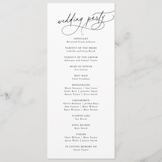 Hochzeitsprogramm in elegantem Schwarz-Weiß-Flat Programm (Rückseite)