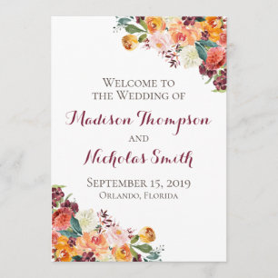 Hochzeitsprogramm-Karten mit Herbstblumen, Orange Programm