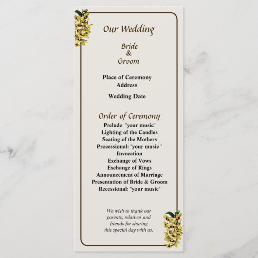 Hochzeitsprogramm Kaskade gelber Orchideen Programm (Vorderseite)