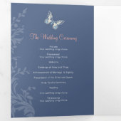 Hochzeitsprogramm Korallen und dunkelblaue Schmett Dreifach-gefaltete Programmkarte (Innen Erste Seite)