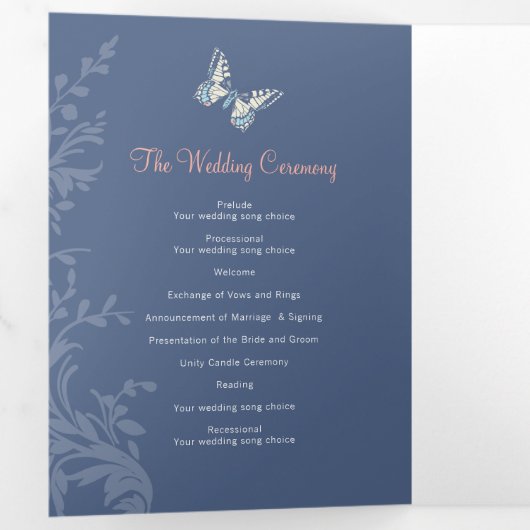 Hochzeitsprogramm Korallen und dunkelblaue Schmett Dreifach-gefaltete Programmkarte (Innen Erste Seite)