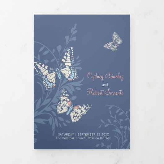 Hochzeitsprogramm Korallen und dunkelblaue Schmett Dreifach-gefaltete Programmkarte (Cover)