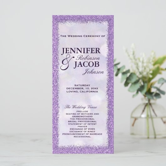 Hochzeitsprogramm | Lavendel mit Glitzer-Rahmen Programm (Stehend Vorderseite)