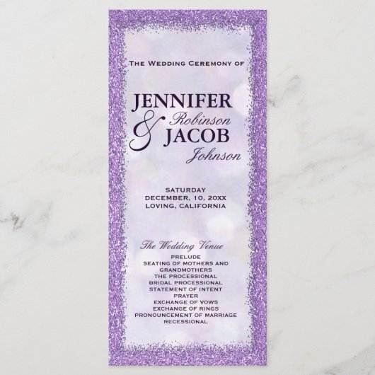 Hochzeitsprogramm | Lavendel mit Glitzer-Rahmen Programm (Vorderseite)