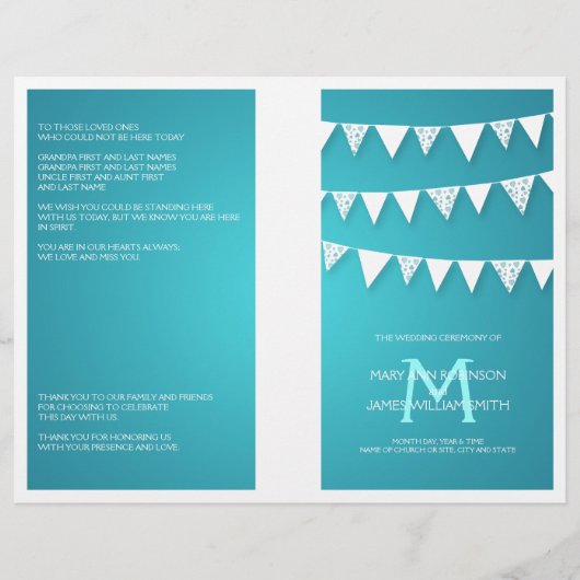 Hochzeitsprogramm Liebe Bunting Monogram Turquoise (Vorderseite)