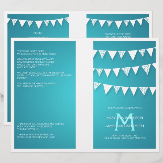 Hochzeitsprogramm Liebe Bunting Monogram Turquoise (Vorne/Hinten)