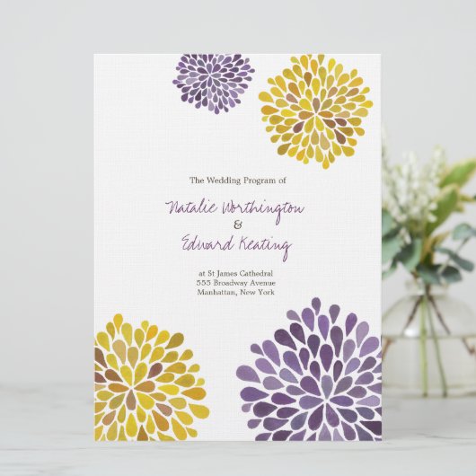 Hochzeitsprogramm Lila Gelbe Wasserfarbe Dahlias Programm (Stehend Vorderseite)