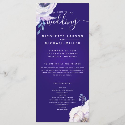 Hochzeitsprogramm Lila Navy Blue und Lilac Blume Menükarte (Vorderseite)