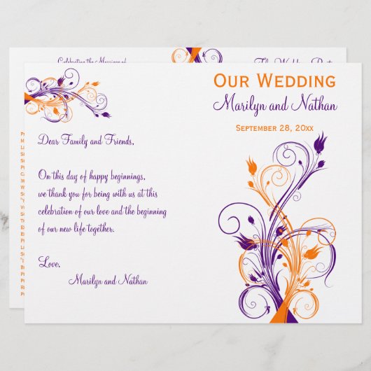 Hochzeitsprogramm | Lila Orange White | Floral (Vorne/Hinten)