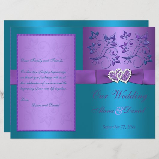 Hochzeitsprogramm | Lila, türkisfarbene Blumenhörn (Vorne/Hinten)