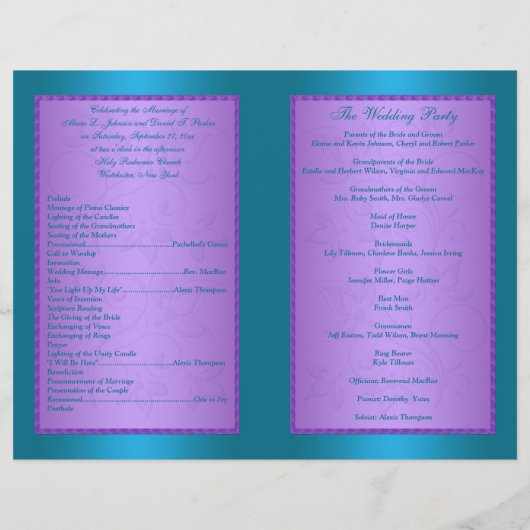 Hochzeitsprogramm | Lila, türkisfarbene Blumenhörn (Rückseite)