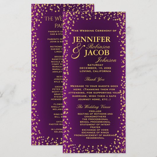 Hochzeitsprogramm | Lila und Gold Confetti Programm (Vorne/Hinten)